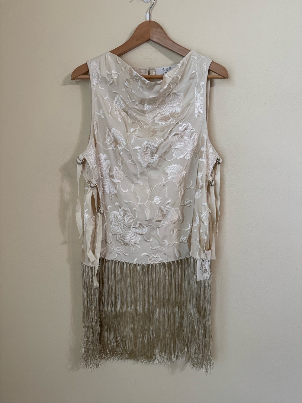 Sea New York New Priscilla Embroidery Cowl Neck Fringe Vest Cream Size XL